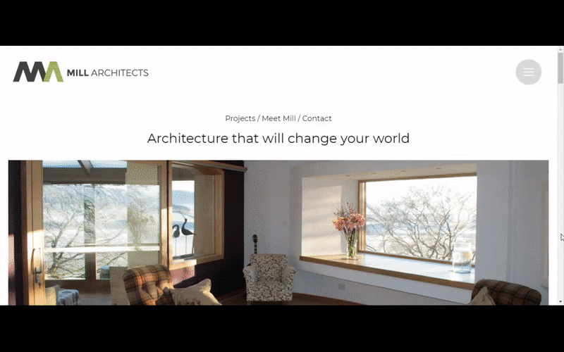 The homepage of a website redesigned for Mill Architects